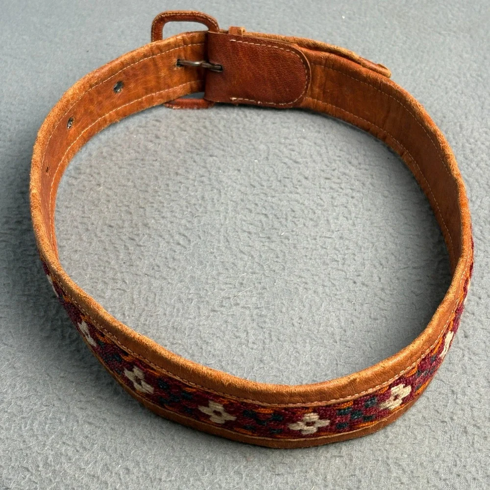 Vintage Southwestern Woven Textile Leather Belt Brown Boho Geometric 36 Inch
